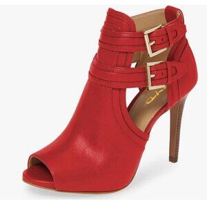XYD Red Peep Toe Ankle Bootie High Heels Buckled Double Straps Cutout Party Shoe